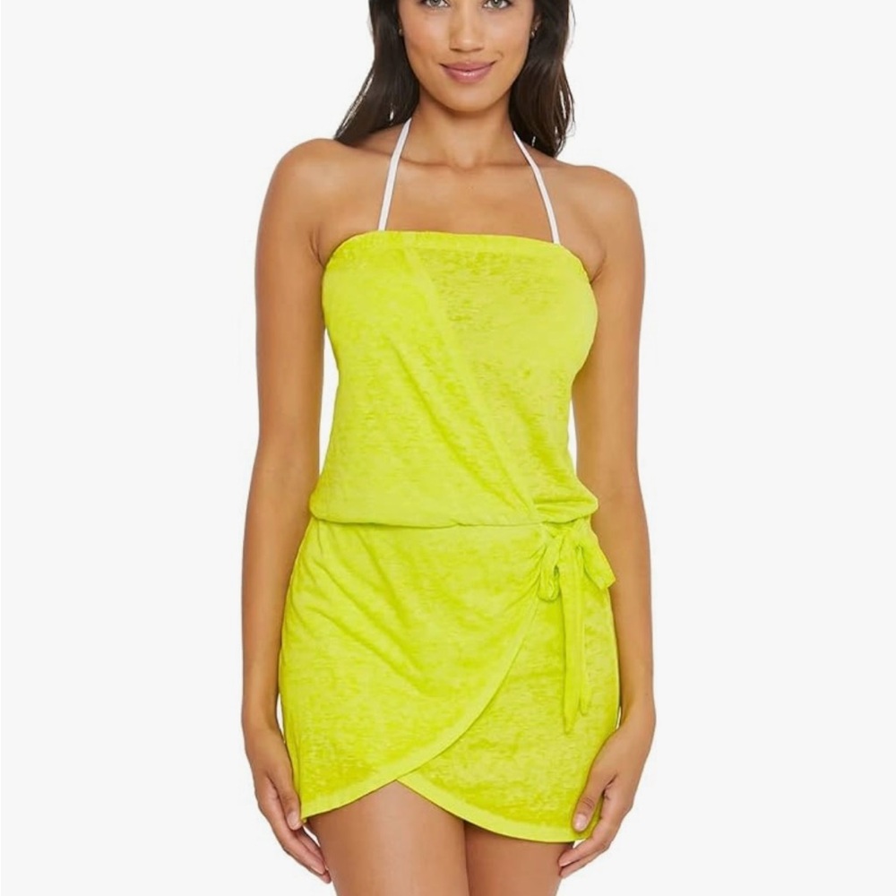 BECCA Lime Yellow Strapless Wrap Mini Dress Coverup L